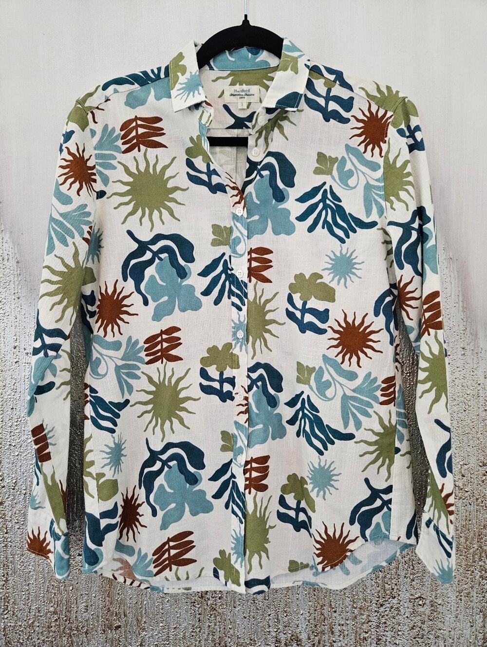 Hartford Small Button-Up Shirt in Cream with Blue, Green, and Brown Print